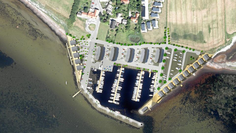 De mulige fremtidsplaner for Gjøl Havn: De fem ovale former ved havnen er treetagers bygninger, mens de firkantede bygninger ned til vandet er ferieboliger. Skitse udarbejdet af Arkitektfirmaet Finn Østergaard.