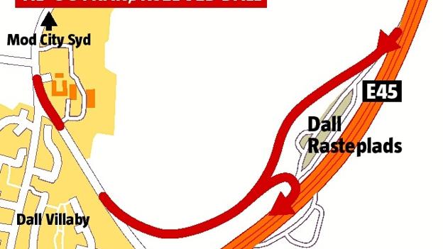Sådan forestiller Jens Toft-Nielsen sig de eksisterende adgangsveje til Dall Rasteplads udnyttet til en adgangsvej til City Syd. Grafik: Palle Olsen
