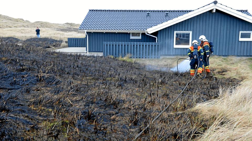 Trods en kraftig vind lykkedes det brandfolkene at få slukket ilden inden den bredte sig til sommerhusene i nærheden.Foto: Peter Mørk <i>Pressefotograf Peter Moerk</i>