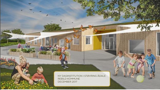 Sådan kommer den knap 900 kvadratmeter nye integrerede daginstitution i Støvring Ådale med plads til 90 børn til at se ud.