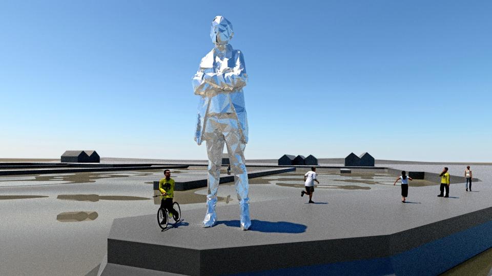 Som planen er nu, skal skulpturen være syv meter høj og vil komme til at veje omkring 700 kilo. Først skal det dog undersøges, om molen vil kunne holde til statuens vægt. Illustration af René Schmidt