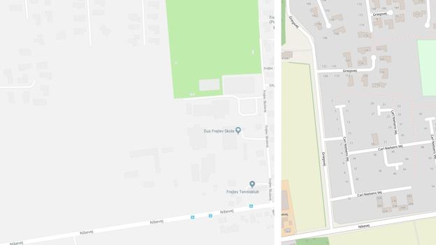 Leder man på Google Maps efter Carl Nielsens Vej i Frejlev, så leder man forgæves. Foto: Google/Open Street Maps