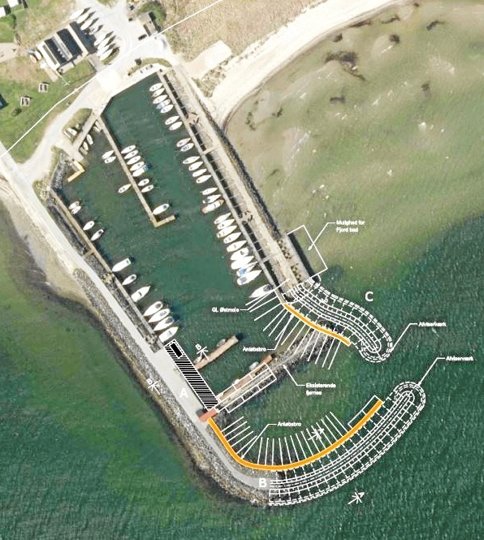 Udvidelsesprojektet har været længe på tegnebordet, og planerne for udvidelse og nyindretning af havnen er løbende tilpasset - her den seneste skitse af projektets udformning.?Illustration fra sagsfremstillingen