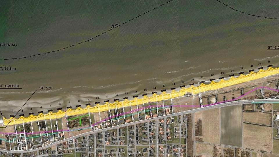 Skitse af hvor kystsikringen med bølgebrydere og strandfodring skal være, såfremt man vedtager projektet.Illustration:A1 Consult A/S