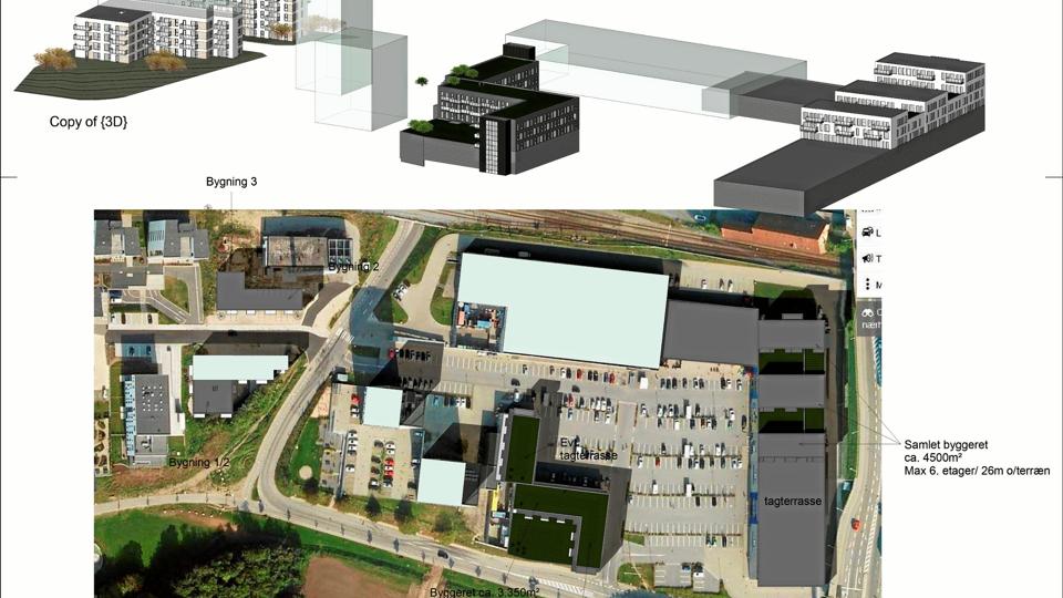 Byggeriet på Svanelundsbakken er i fokus. Senere kan det blive aktuelt at kikke på de muligheder, som byggeretten ovenpå Harald Nyborg-bygningen samt ToysRus og El-Giganten giver, oplyser folkene bag projektet. Skitse: Brix Nordberg