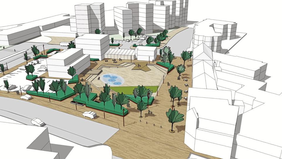 Helhedsplanen rummer ideer til forbedringer af Banegårdspladsen i Brønderslev.Grafik: Niras