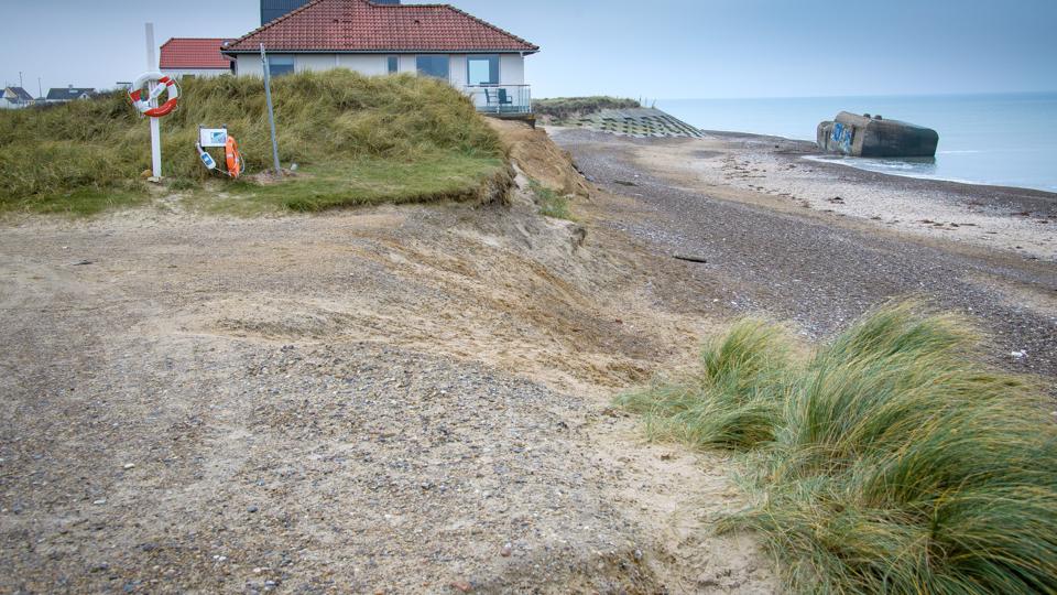 Den eksisterende kystsikring forlænges, så de truede huse beskyttes, men kommunens areal sikres ikke.Foto: Bo Lehm