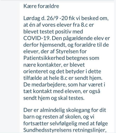Uddrag af beskeden fra skolelederen. Privatfoto