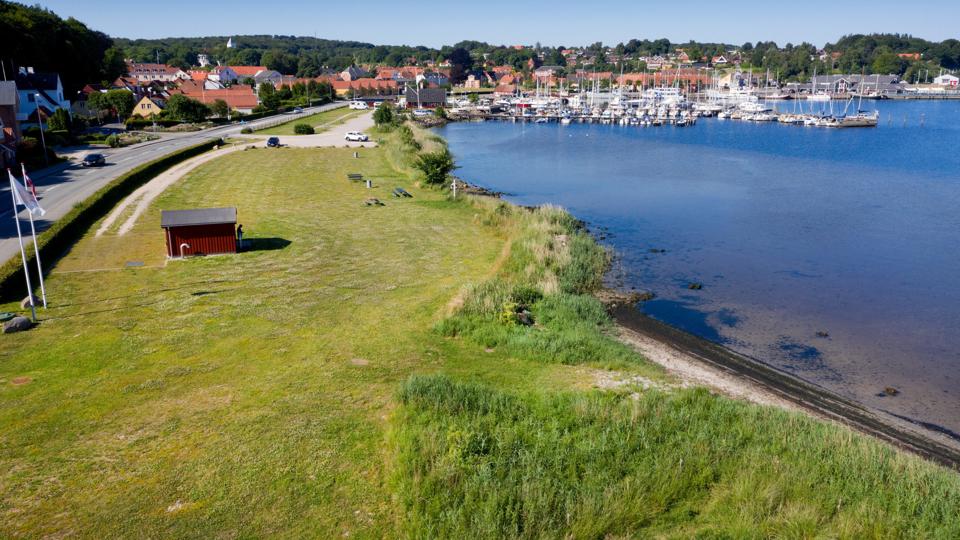 Et lille hjørne på 500 kvadratmeter af græsarealet nordøst for Mariager skal dækkes af fint strandsand. Foto: Torben Hansen
