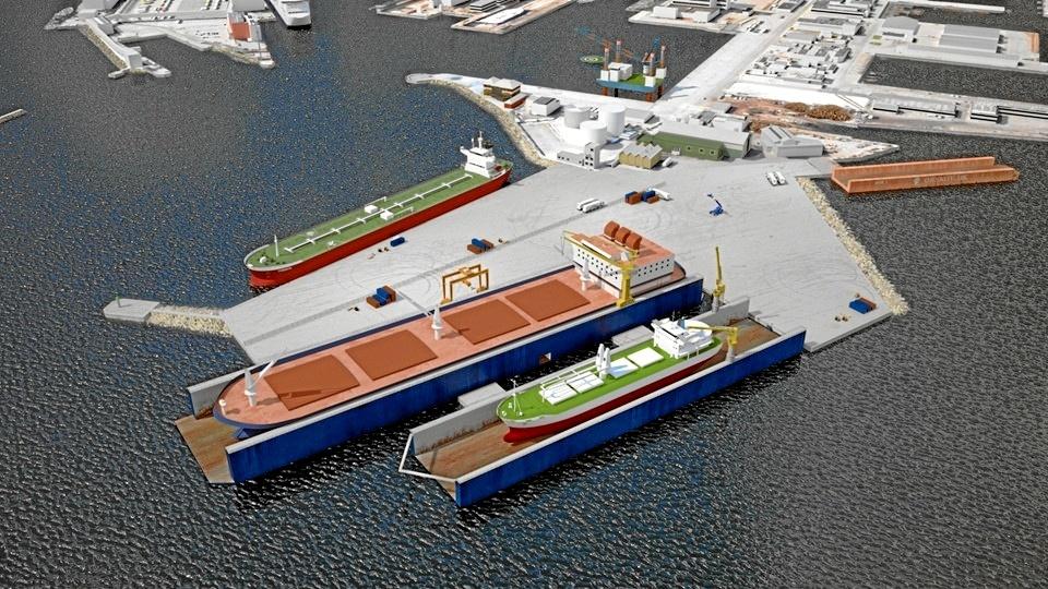 Udvidelsen af kajanlægget skal give plads til Orskov Yards nye flydedok. Derfor skal kajkonstruktioner udover almindeligt kajudstyr tillige forstærkes til forankring af den nye flydedok, ligesom der gennemføres en større uddybning for besejling og anvendelse af flydedokken. Illustration: Frederikshavn Havn