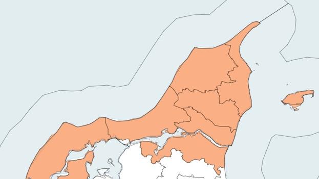Her rammer stormen 'Laura' Nordjylland, ifølge DMI. Grafik: DMI