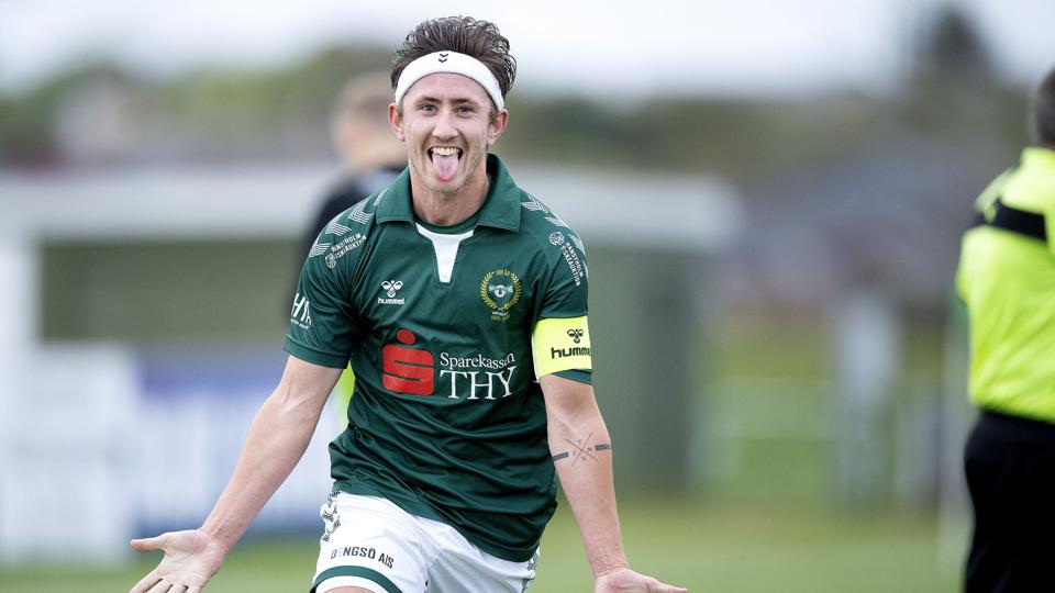 Hanstholm IF vandt fortjent over Viborg FF. Uffe Skinnerup var tilfreds, efter han nettede for Hanstholm. Foto: Lars Pauli <i>Foto: Lars Pauli</i>