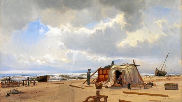 Holger Drachmann: 'En vraghytte på Skagen strand'. 1872. Olie på lærred. 41 x 58 cm. Skagens Kunstmuseer. Skagens Museum