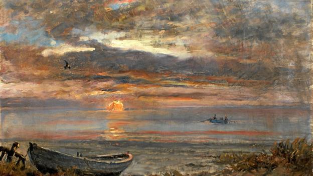 Holger Drachmann: 'Solnedgang en januardag i Skagen'. 1907. Olie på lærred. 31 x 44 cm. Erhvervet 2017. Skagens Kunstmuseer. Skagens Museum