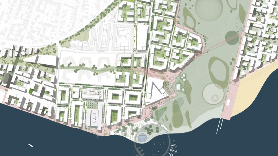 Hvor skal der afholdes koncerter og loppemarkeder, hvor skal der graves affaldsløsninger ned, og hvor kan der findes træer om sommeren og udeservering på Stigsborg Havnefront? Den plan skal C.F. Møller Architecht tegne. Illustration: Stigsborg P/S / Tegnestuen Vandkunsten A/S
