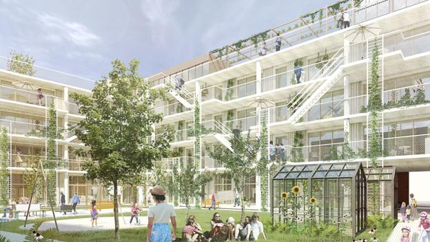 C.F. Møller Architects kommer også til at stå bag det bæredygtige bofællesskab EcoVillage. Illustration: C.F. Møller Architects