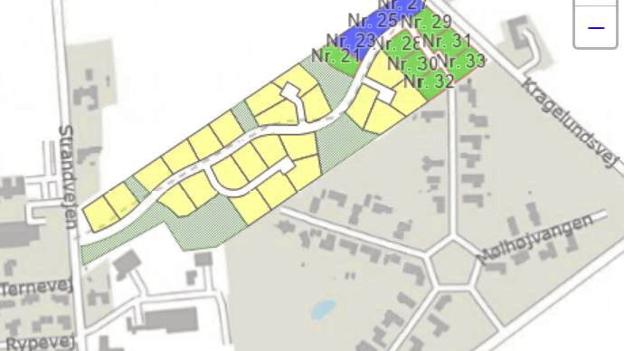 De tre allerede solgte grunde er markeret med blåt, mens de grønne er de resterende syv i første etape i udstykningen Amtoften.