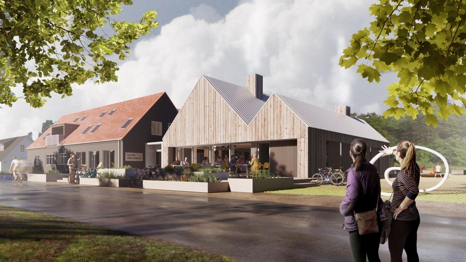 Det ny mad- og kulturhus ved Halkær Kro ser foreløbig ud til at blive trekvart år forsinket. Illustration: Kjær & Richter