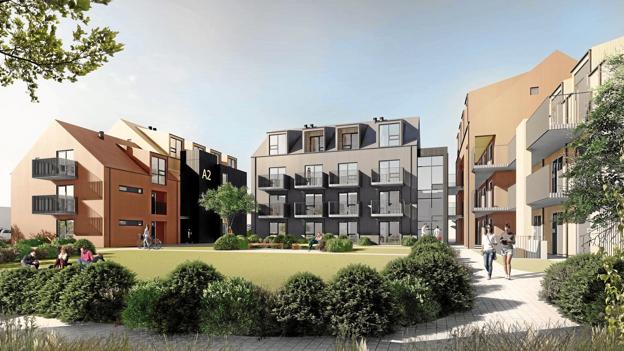 En del af boligerne udformes som "co-living" boliger, hvor flere beboere deler stue og køkken. Illustration: Arkþing Nordic ehf