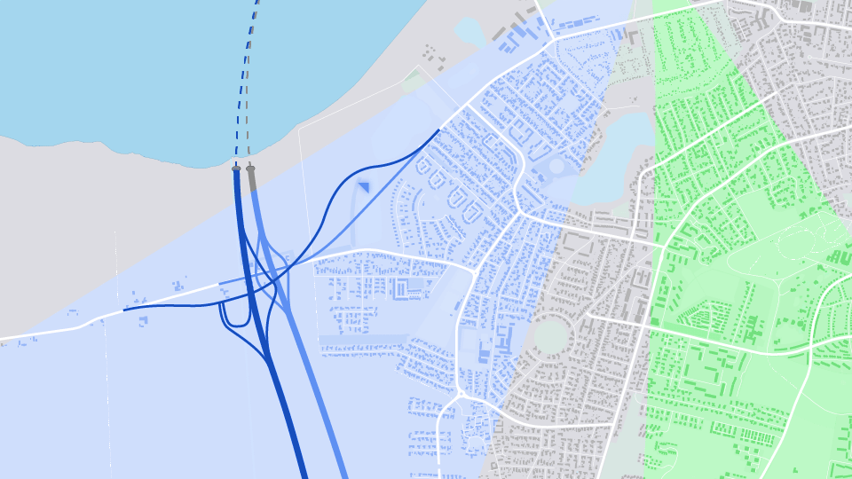 Vejdirektoratet er i gang med en ny, opdateret VVM-undersøgelse om 3. Limfjordsforbindelse. Det er i dette arbejde, man har flyttet linjeføringen for motorvejen. Illustration: Christian Made Hagelskjær. Kortdata © Openstreetmap-bidragydere