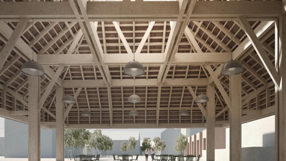 Den struktur til Kimbrertorvet, som har fået klart mest positiv omtale i høringen, har JaJA Architects givet karakter af en stor træhat, der skal placeres ud til Himmerlandsgade, så pladsen foran Per Kirkebys skultur er fri. Tegning: JaJA Architects