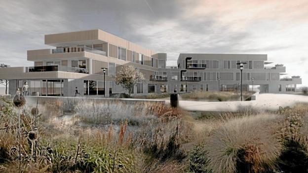 Visualiseringen giver et indtryk af, hvordan det kommende byggeri ser ud. Der bygges i tre etager med en højde på 12 meter med ejer- og lejeboliger. Byggeriet er tegnet af Faldov og Broe Arkitekter. Visualisering: Faldov og Broe Arkitekter