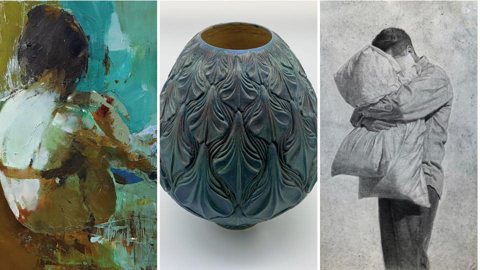 Kunstguide: Brænder de indefrosne feriepenge i lommerne, og overvejer du at købe kunst? Her er et kig ind i fire nordjyske gallerier - samt anbefalinger til, hvad du skal overveje undervejs. Grafik: Jette Klokkerholm. Værker (fra venstre) af Alina Maksimenko, Anders Børgesen og Johan Barrios.