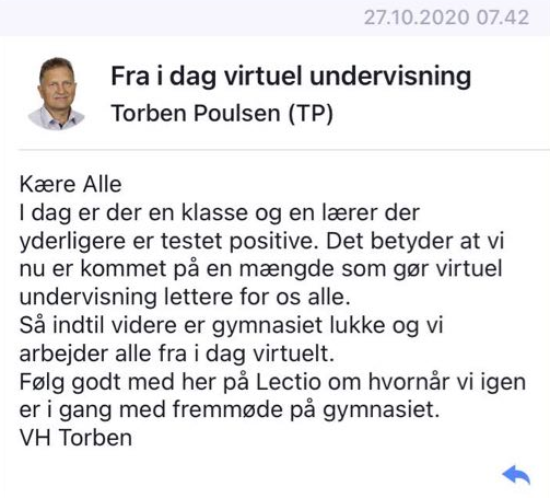 Rektor sendte tirsdag morgen denne besked til eleverne. Privatfoto