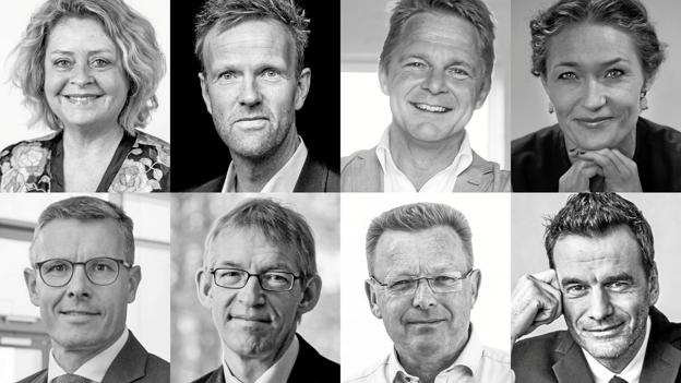Banner fra MODCORONA. Fra venstre er det Stine Bosse, Morten Ballisager, Claus Bindslev, Mia T. Wagner, Per Tau, Alfred Josefsen, Anders Heide Mortensen og Jesper Buch