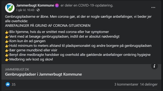 Jammerbugt Kommune anbefaler på sin Facebook-side, at man ikke bruger genbrugsstationen, hvis man er syg eller har symptomer. Kommunen skrev opslaget efter hændelsen på genbrugsstationen i Fjerritslev i sidste uge.
