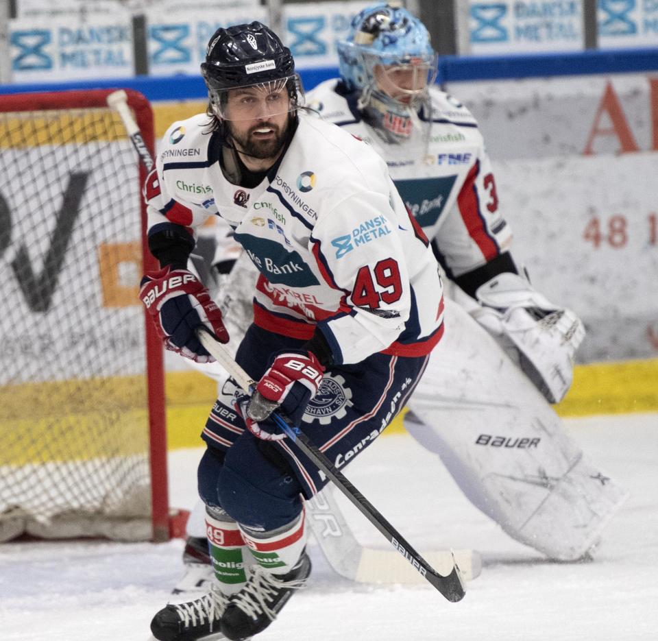 Christopher Frederiksen i aktion i januaer 2020 for White Hawks mod Herlev Eagles. Arkivfoto: Thomas Sjørup/Scanpix 2020 <i>Ritzau Scanpix</i>
