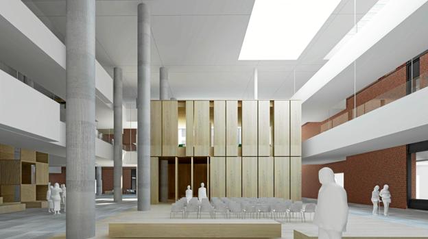 En del af udsmykningen på Nye Aalborg Universitetshospital er på plads, nemlig kirkerummet, der er finansieret af Aalborg Stift og får udsmykninger af kunstner Bjørn Nørgaard. <i>Illustration: Region Nordjylland</i>
