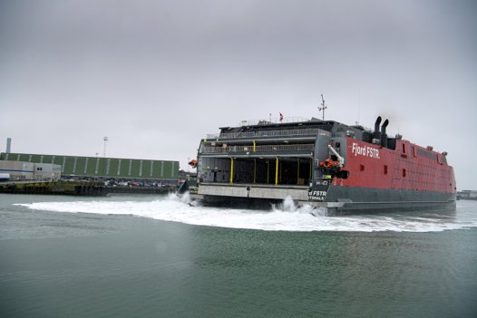 Fjor Line har satset på moderne færger, der sejler på naturgas, som denne Fjord FSTR, der her ses, da den ankom for første gang til Hirtshals 11.april 2021. <i>Arkivfoto: Bo Lehm</i>