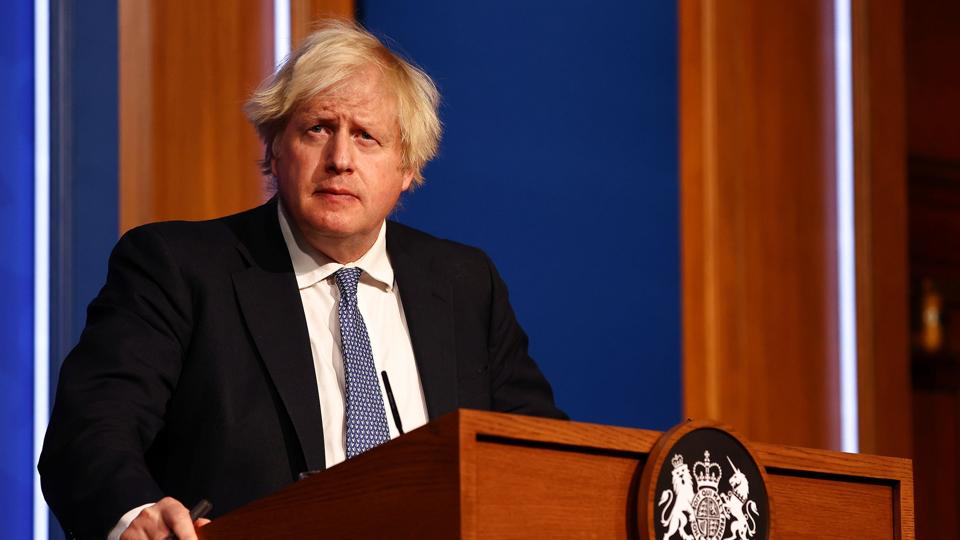 British Prime Minister Boris Johnson holds a news conference, in London <i>Pool/Reuters</i>