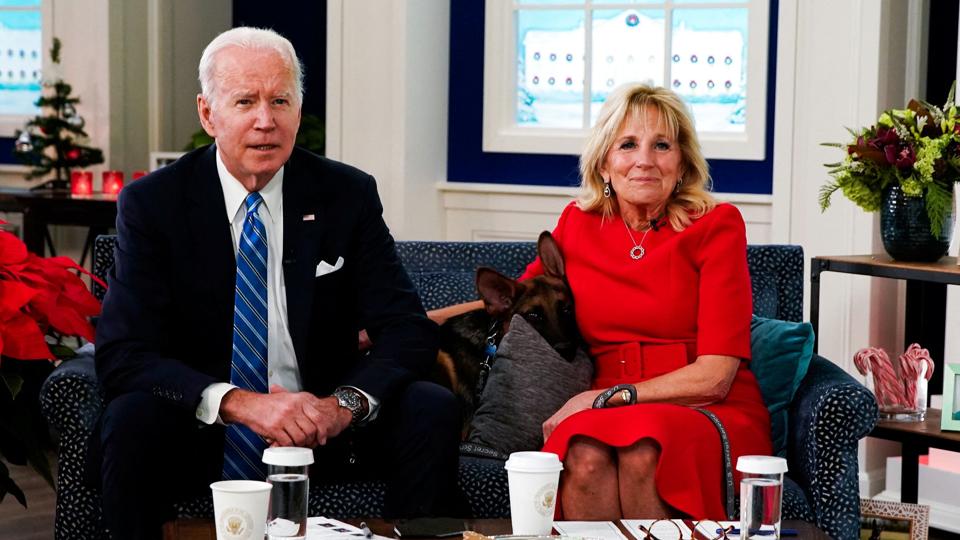 Commander, the Biden family''s new puppy, is seen with U.S. President Joe Biden and first lady Jill Biden at the South Court Auditorium in Washington <i>Elizabeth Frantz/Reuters</i>