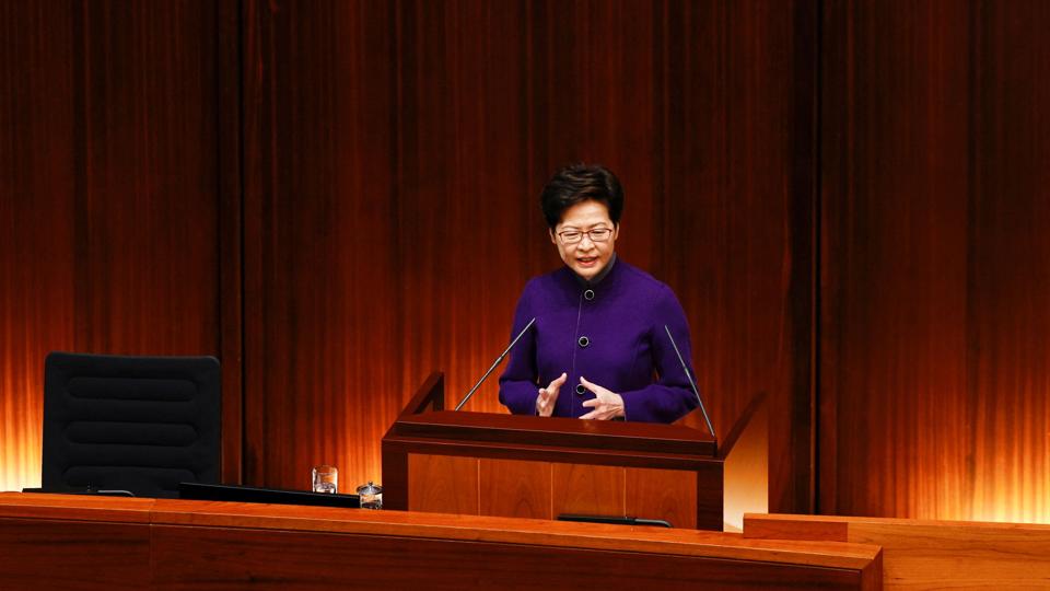 Chief Executive Carrie Lam takes questions from lawmakers during the first regular meeting of the legislature at the Legislative Council in Hong Kong <i>Tyrone Siu/Reuters</i>