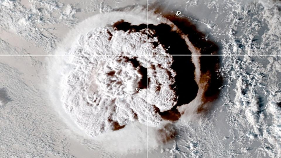 Satellite view of the eruption of an underwater volcano off Tonga <i>Cira/Noaa/Reuters</i>