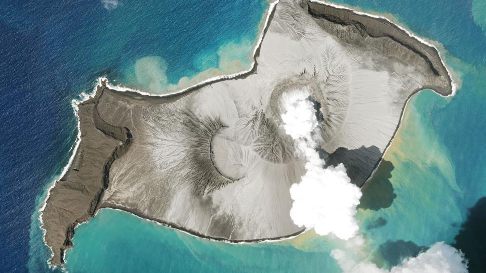 A Planet SkySat image shows a plume of smoke rising from the underwater volcano Hunga Tonga-Hunga Ha''apai before its eruption <i>Planet Labs Pbc/Reuters</i>