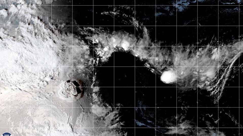 A white plume rises over Tonga when the underwater volcano Hunga Tonga-Hunga Ha''apai erupted <i>Cira/Noaa/Reuters</i>