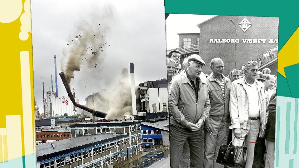 Til venstre: Skorstenen på Nordkraft sprænges. Til højre: Værftsarbejdere overværer den sidste søsætning på Aalborg Værft. Fotos: Torben Hansen, Grete Dahl. Illustration.