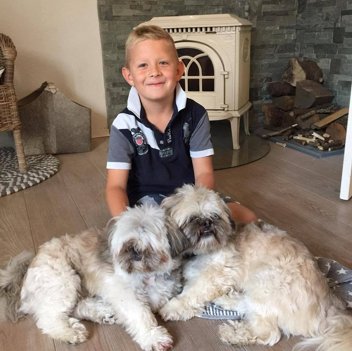 Emil sammen med sine to bedste venner, Lhasa Apso-hundene Wester og Wilson på 10 år. Privatfoto