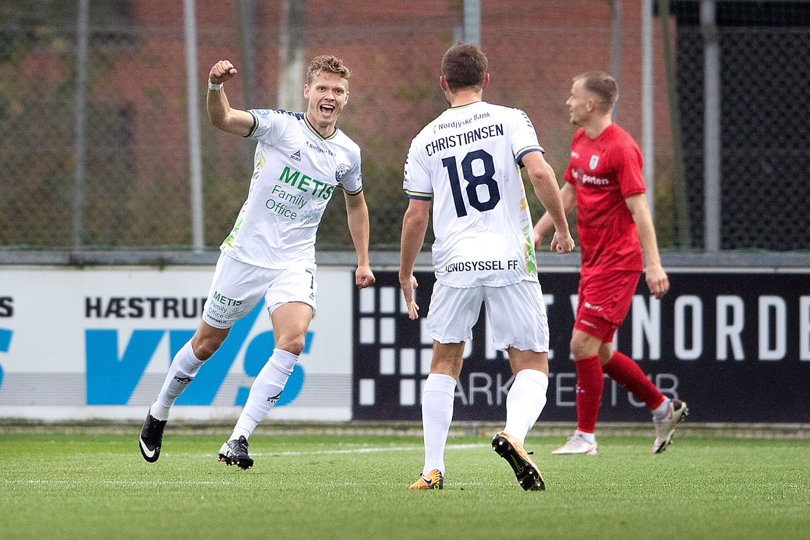 Lucas Jensen (tv.) scorede det første mål i sejren over Korona Kielce. Arkivfoto: Torben Hansen