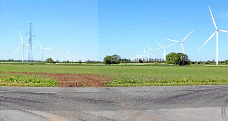 Vindmølleprojektet er delt i en Aalborg-del og en Brønderslev-del, der ligger på hver sin side af kommunegrænsen, og politikerne i Aalborg vil gerne se en plan for, hvordan det kan realiseres i Aalborg alene, hvis Brønderslev skulle vise sig at springe fra. Illustration: Eurovind