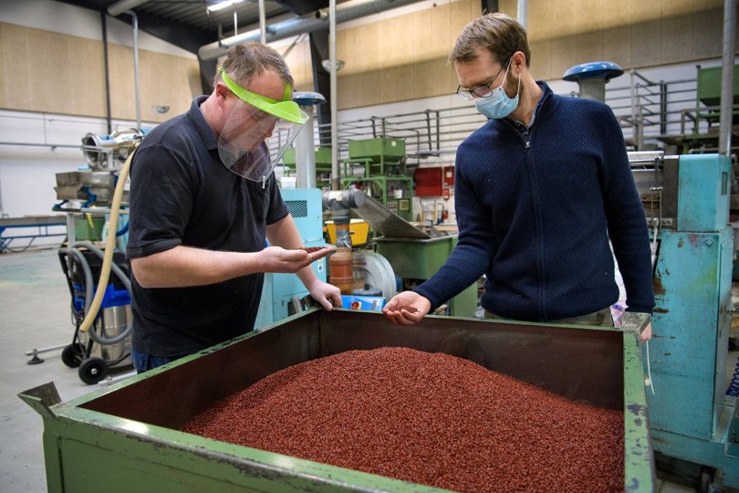 Johannes Nørhave Riis (tv) og Anders Bødker Olesen tjekker et granulat, hvor farvepigmentet stammer fra jern. Foto: Bo Lehm