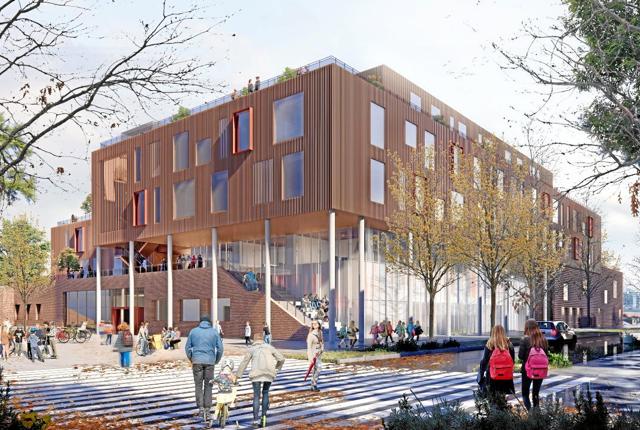 Projektet på Stigsborg omfatter både en ny skole, en daginstitution og et bydelshus. Illustration: Aalborg Kommune