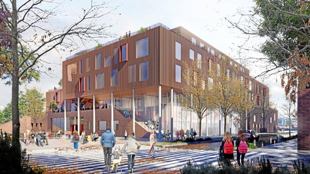 Projektet omfatter både en ny skole, en daginstitution og et bydelshus. Illustration: Aalborg Kommune