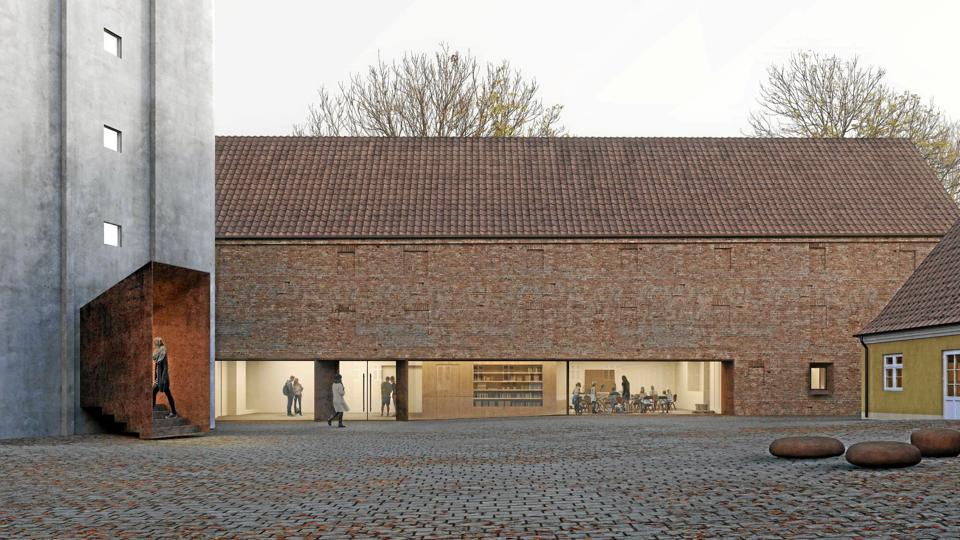 Vinderforslaget for ombygningen af det gamle pakhus på Doverodde Købmandsgård. Men det har vist sig nødvendigt at pille pakhuset helt ned og bygge det op igen. <i>llustration: Reiulf Ramstad Arkitekter</i>