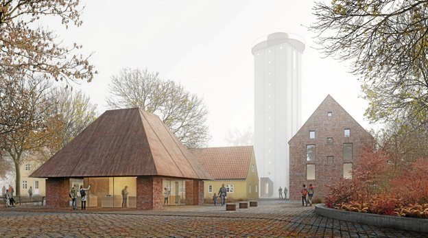 Der skal opføres en velkomstbygning uden for indgangen til købmandsgården. Illustration: Reiulf Ramstad Arkitekter