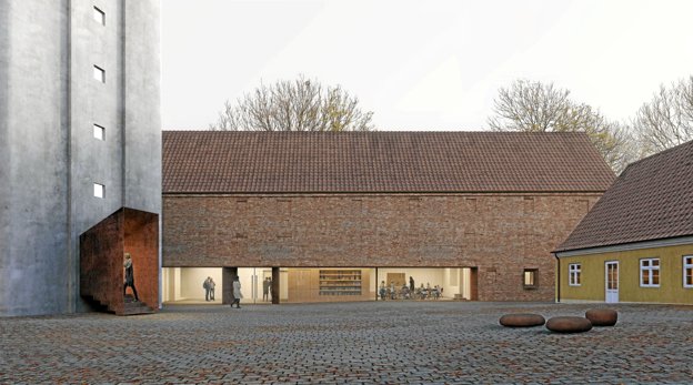 Udstillingsbygningen, set fra købmandsgårdens gård. Illustration: Reiulf Ramstad Arkitekter.