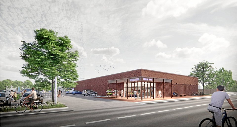 Sådan her kunne en ny dagligvarebutik på Slotsgade 38 komme til at se ud - men politikerne i Brønderslev Kommunes teknik- og miljøudvalg har sagt nej til planen. Illustration: Sweco Architects
